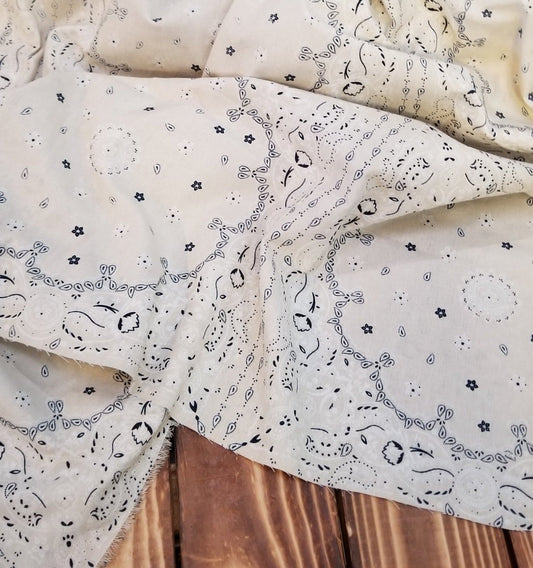 End of Bolt:1-1/4th yards of Cotton Linen Deadstock Bandana Cream Beige and Navy  Woven- Remnant