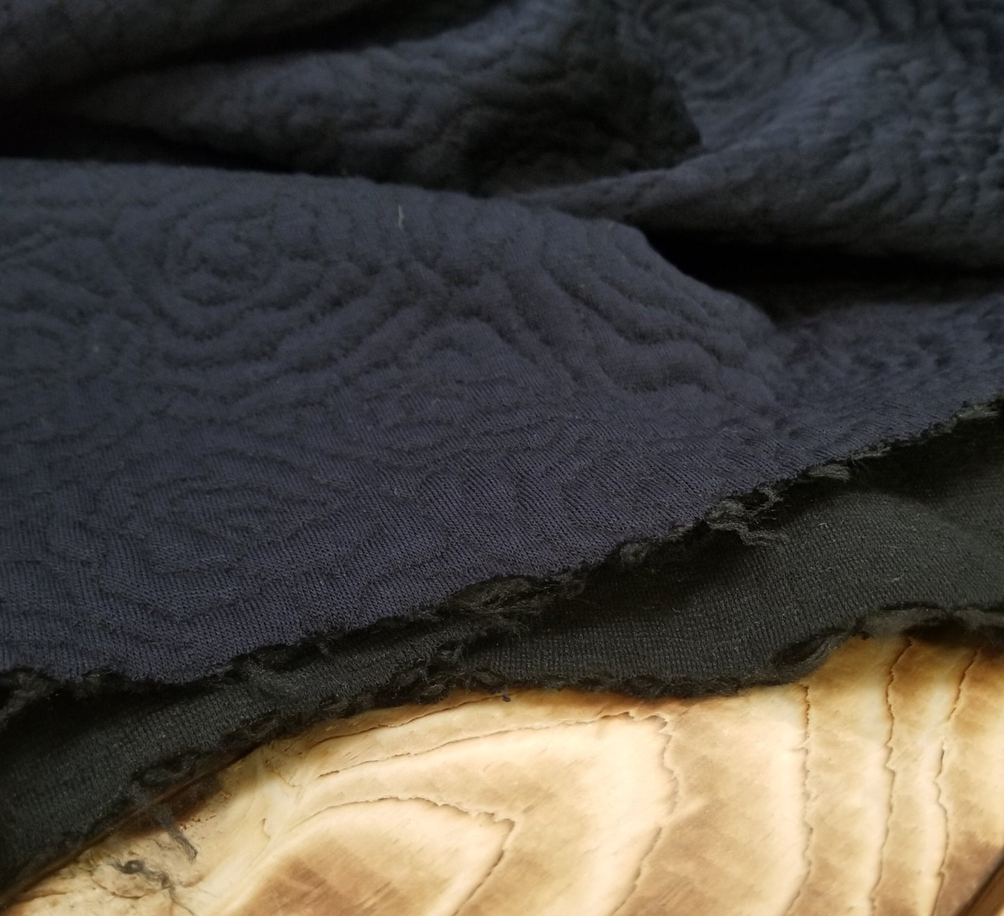 Designer Deadstock Rose Embroidered Dark Navy and Black Quilted Wool Blend Knit-Priced by the yard