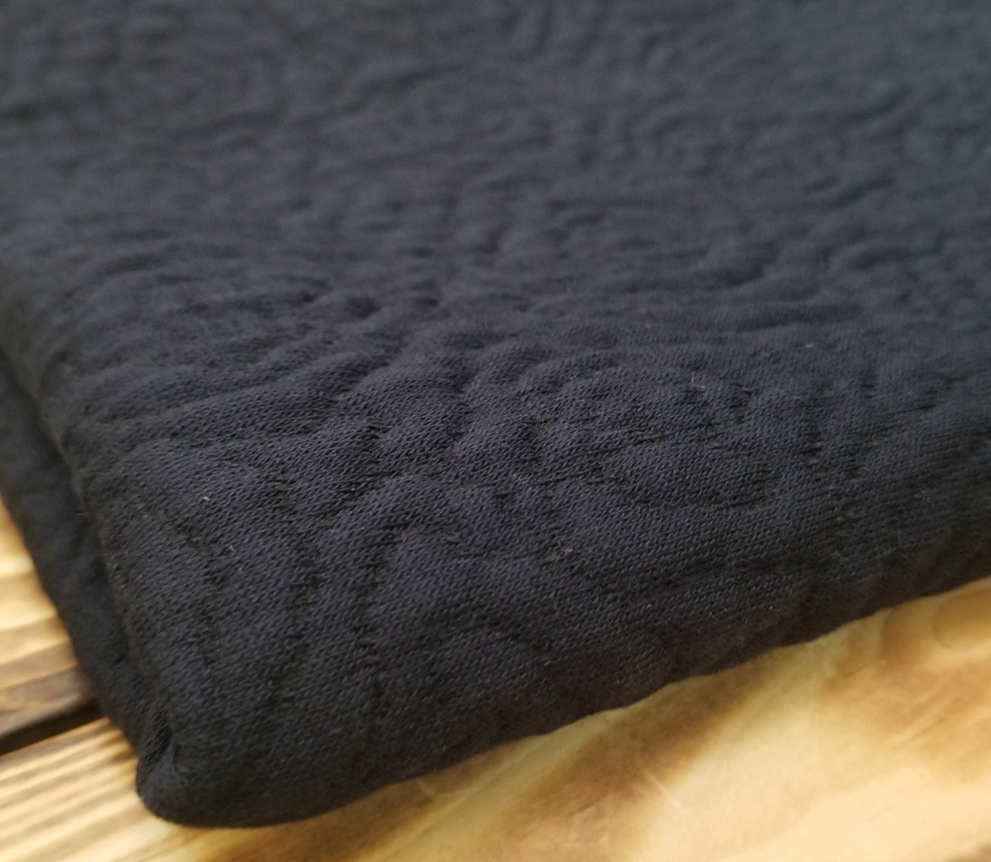 Designer Deadstock Rose Embroidered Dark Navy and Black Quilted Wool Blend Knit-Priced by the yard