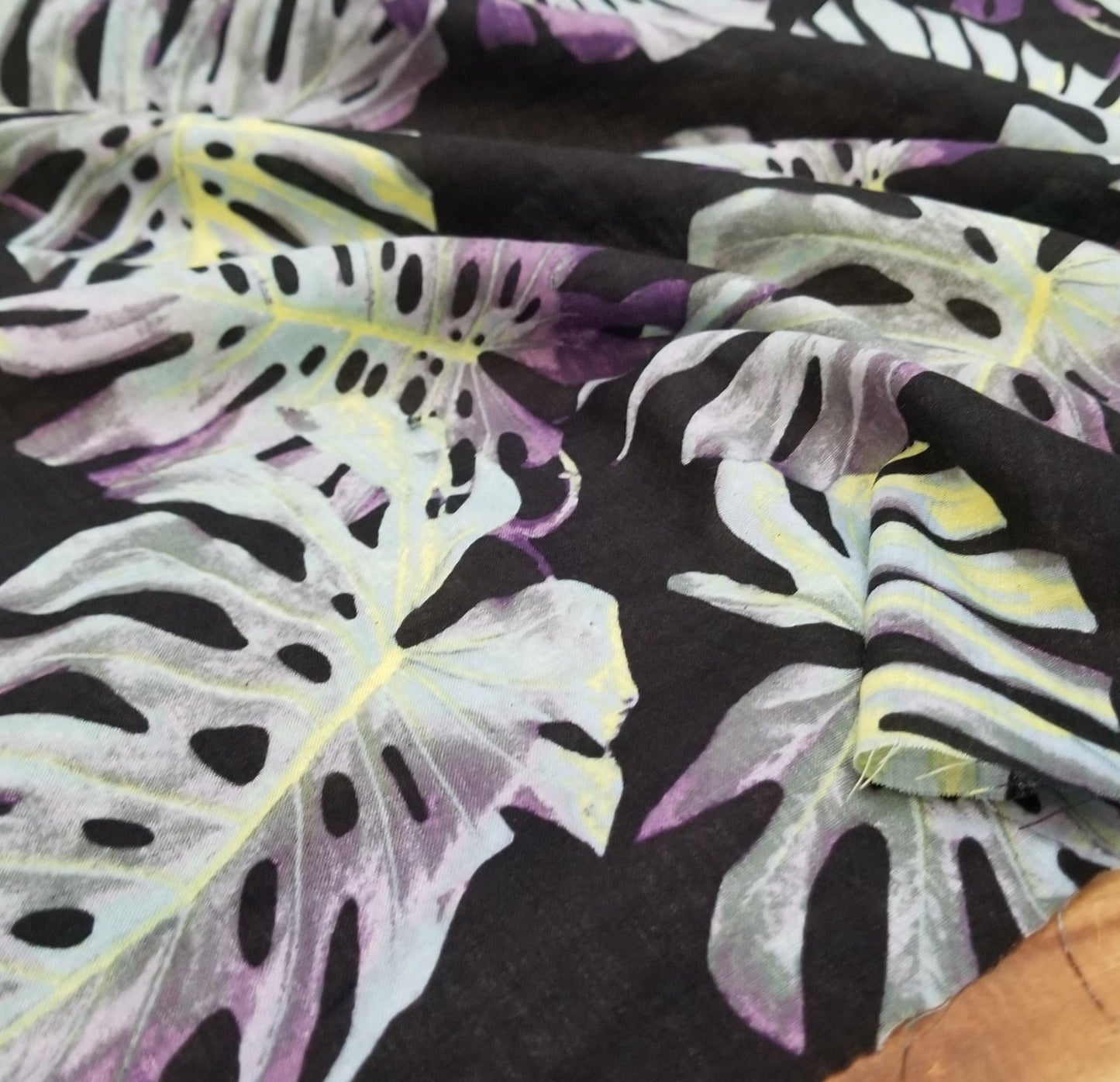 Designer Deadstock Black and Lime Monstera Foliage Cross Hatch Cotton Lawn 2.36 oz - Sold by the yard