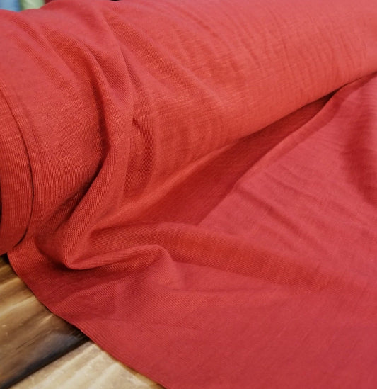 End of Bolt: 2.5 yards of Designer Deadstock Spring Release Rayon Linen Slub Jersey Red Orange  Knit Solid 5.6 oz -remnant