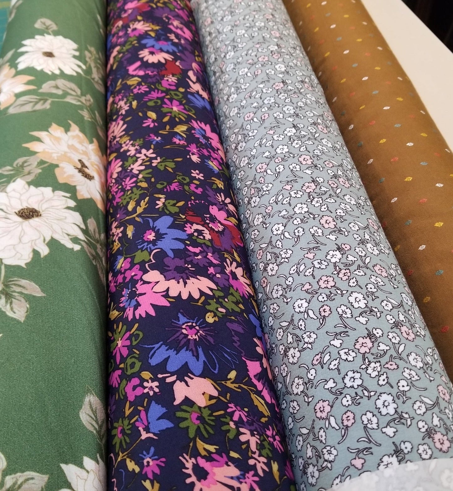 LA Finch 5 yard precut: 5 yards of Designer Deadstock Green and Peach Scattered Florals Rayon Crepe Woven