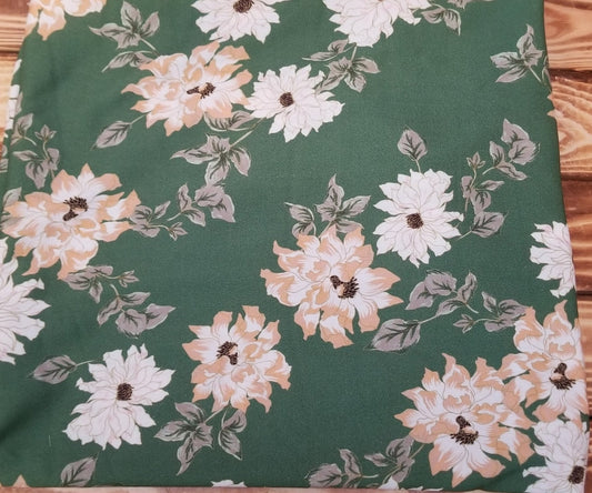 Designer Deadstock Green and Peach Scattered Florals Rayon Crepe Woven-by the yard