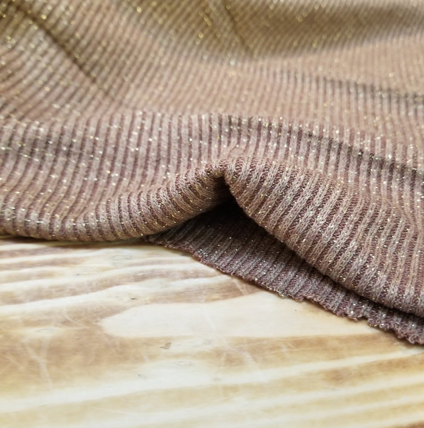 End of Bolt: 2.5 yards of Designer Deadstock Gold Lurex Light Brown Rib Sweater Knit-Remnant