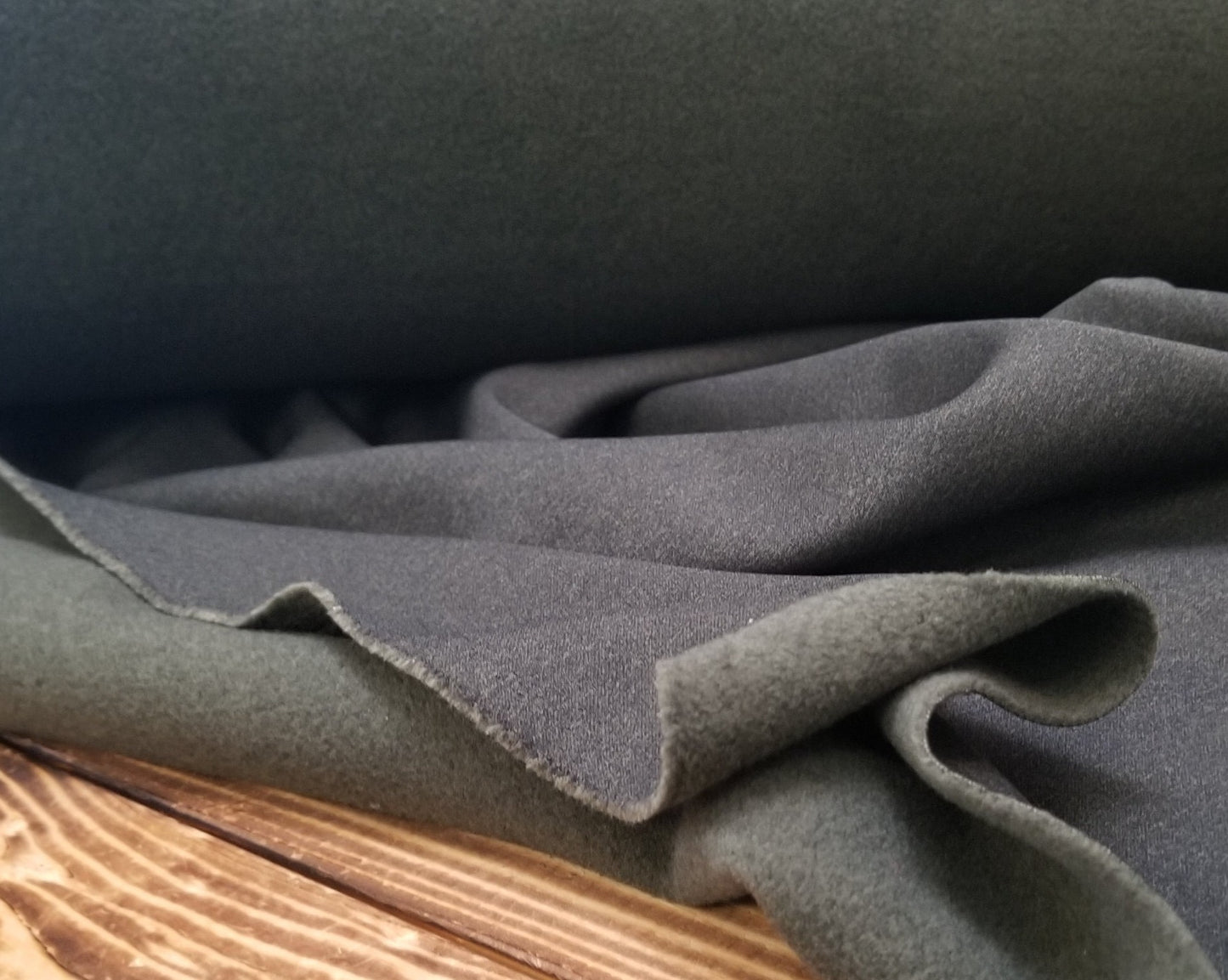 Designer Deadstock Sweatshirt  Charcoal Shell Olive Reverse Fleece Knit- by the yard