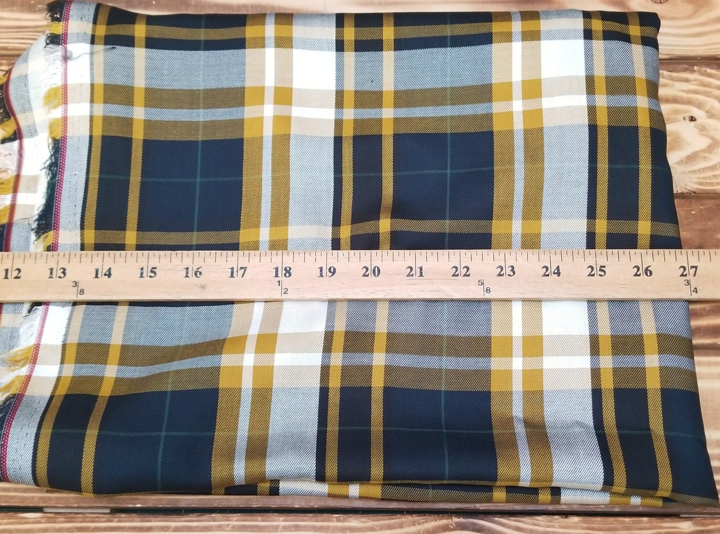 End of Bolt: 2.5 yards of Designer Deadstock Rayon Plaid Yellow and Navy Twill Woven- remnant