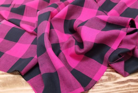 Designer Deadstock Cotton Herringbone Weave Shirting Buffalo Plaid Magenta and Black Woven- by the yard
