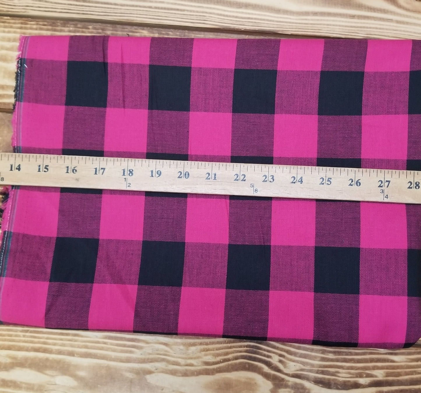 Designer Deadstock Cotton Herringbone Weave Shirting Buffalo Plaid Magenta and Black Woven- by the yard