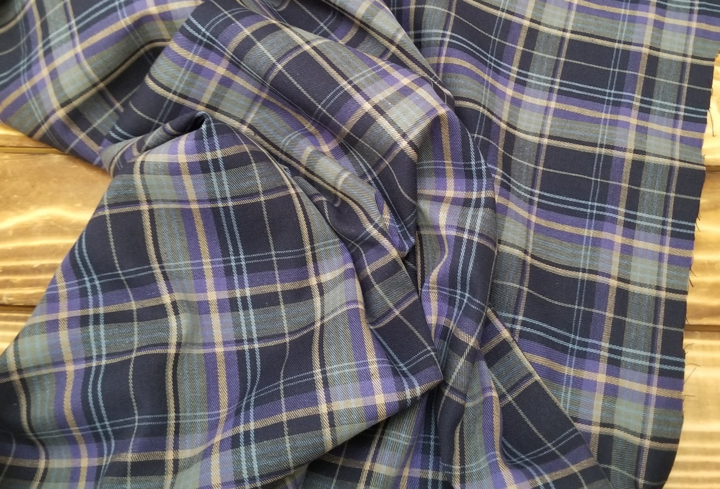 Designer Deadstock Cotton Shirting Yarn Dyed Purple and Navy Plaid Woven- by the yard