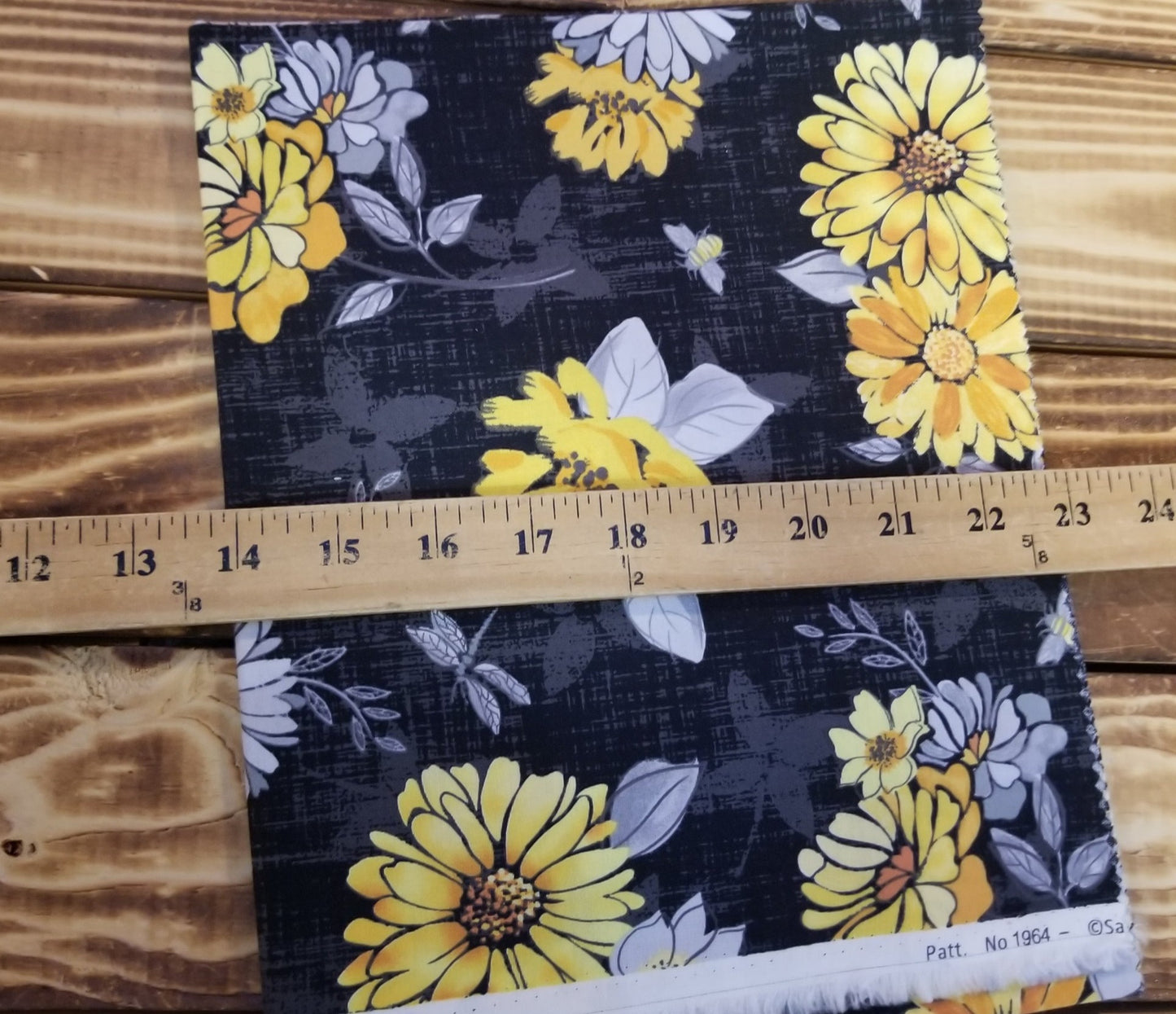 End of Bolt: 1 yard Quilting Cotton Mellow Yellow Black Floral Woven- Remnant