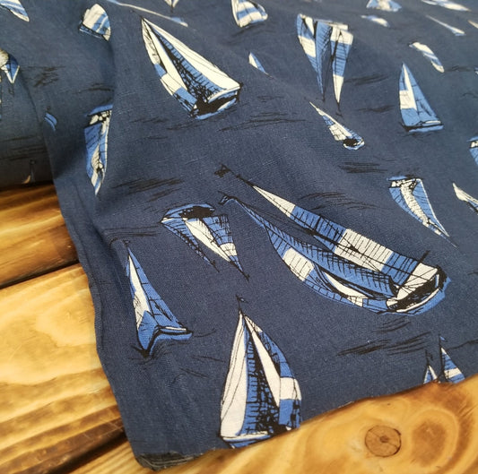 End of Bolt: 1-7/8th yards of Designer Deadstock Dark Navy Sailboats Cotton Linen Woven-remnant