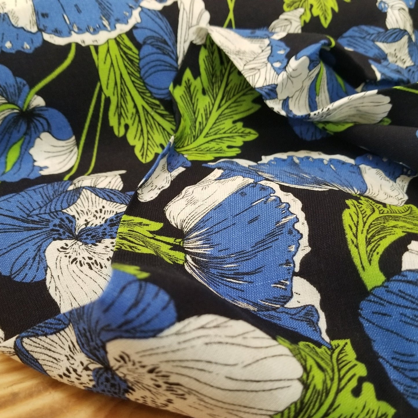 Designer Deadstock Navy and Royal Blue Poppies Floral Cotton Linen Woven-by the yard