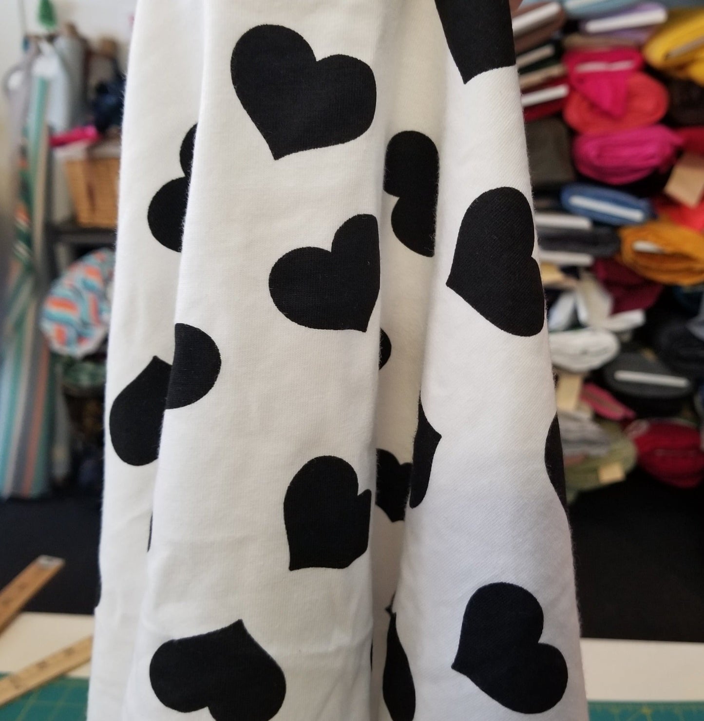 End of Bolt: 2 yards of Fashion Hearts Black and White Cotton Spandex Jersey Knit-remnant