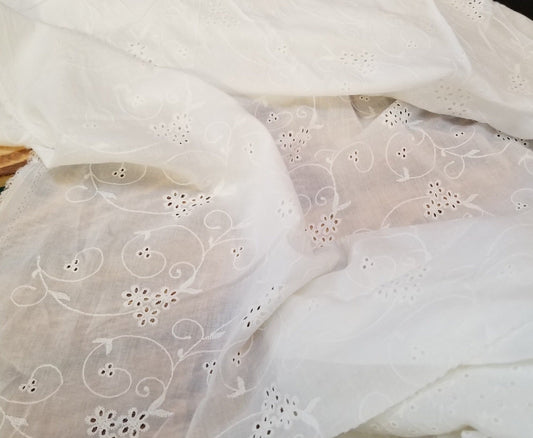 End of Bolt: 2-3/4th yards of Designer Deadstock Whimsical Florals White Eyelet Cotton Woven-Remnant