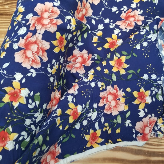 Designer Deadstock Navy and Yellow Floral Bouquet Rayon Challis Woven-price per yard