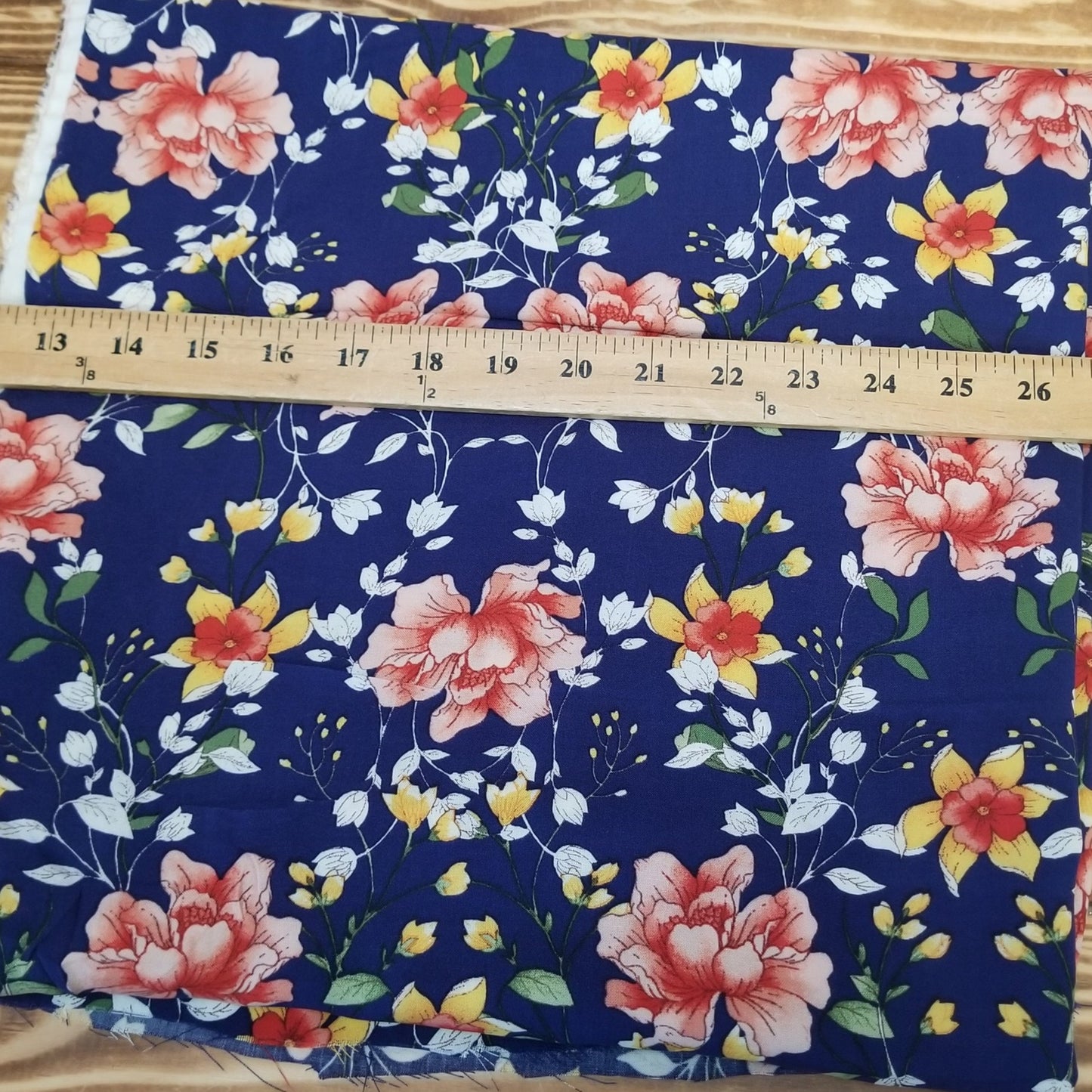 Designer Deadstock Navy and Yellow Floral Bouquet Rayon Challis Woven-price per yard