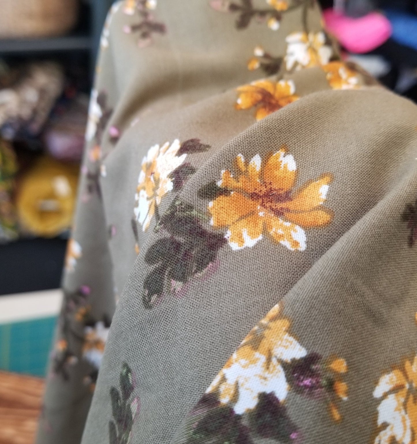 Designer Deadstock Olive and Mustard Yellow Florals Rayon Challis Woven-price per yard