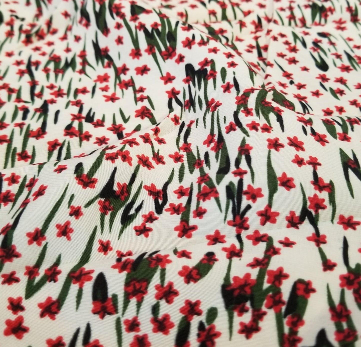 LA Finch 5 yard precut: 5 yards of Designer Deadstock Spring Ivory and Red Flower Fields Rayon Woven