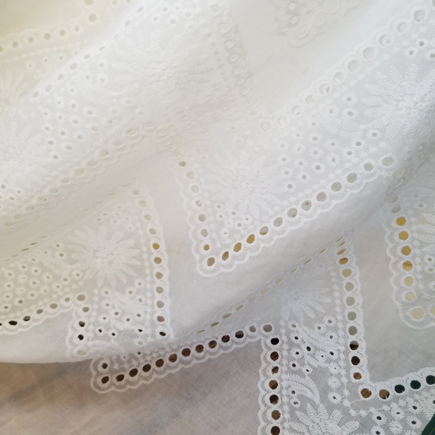 Designer Deadstock Bohemian Zig Zag White Eyelet Medium Weight Cotton Sheer Voile Woven- Sold by the yard