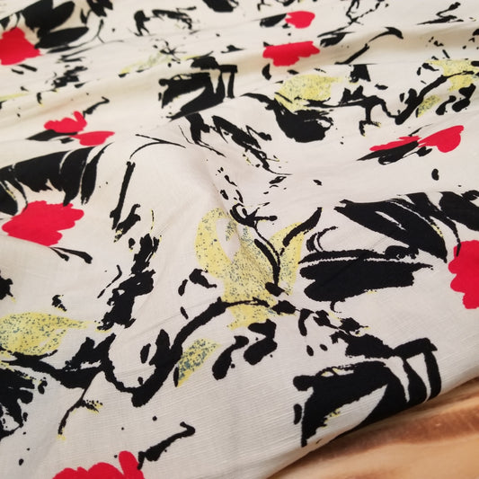 Designer Deadstock Abstract Floral Rayon Linen Blend Cross Hatch Weave Woven - price per yard