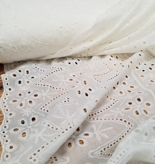End of Bolt: 2.5 yards of Designer Deadstock Raya Abstract Scalloped  White Eyelet Medium Weight Cotton Sheer Voile Woven- remnant