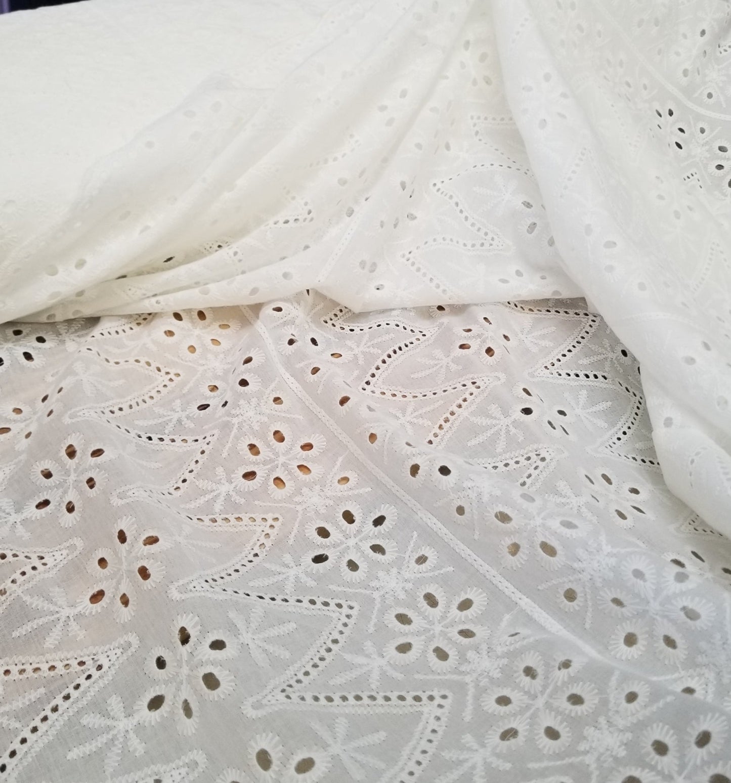 Designer Deadstock Raya Abstract Scalloped  White Eyelet Medium Weight Cotton Sheer Voile Woven- Sold by the yard