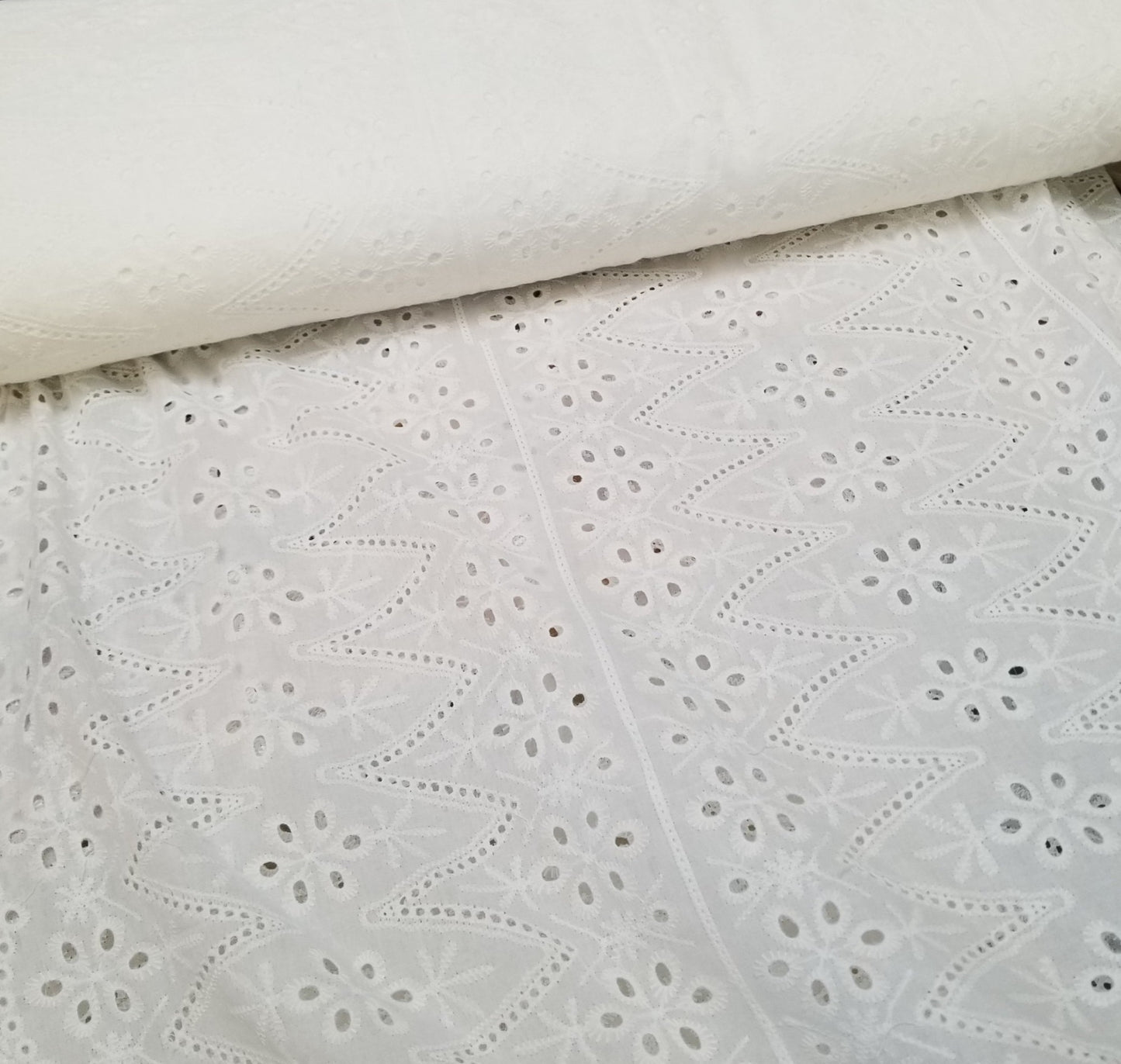 Designer Deadstock Raya Abstract Scalloped  White Eyelet Medium Weight Cotton Sheer Voile Woven- Sold by the yard