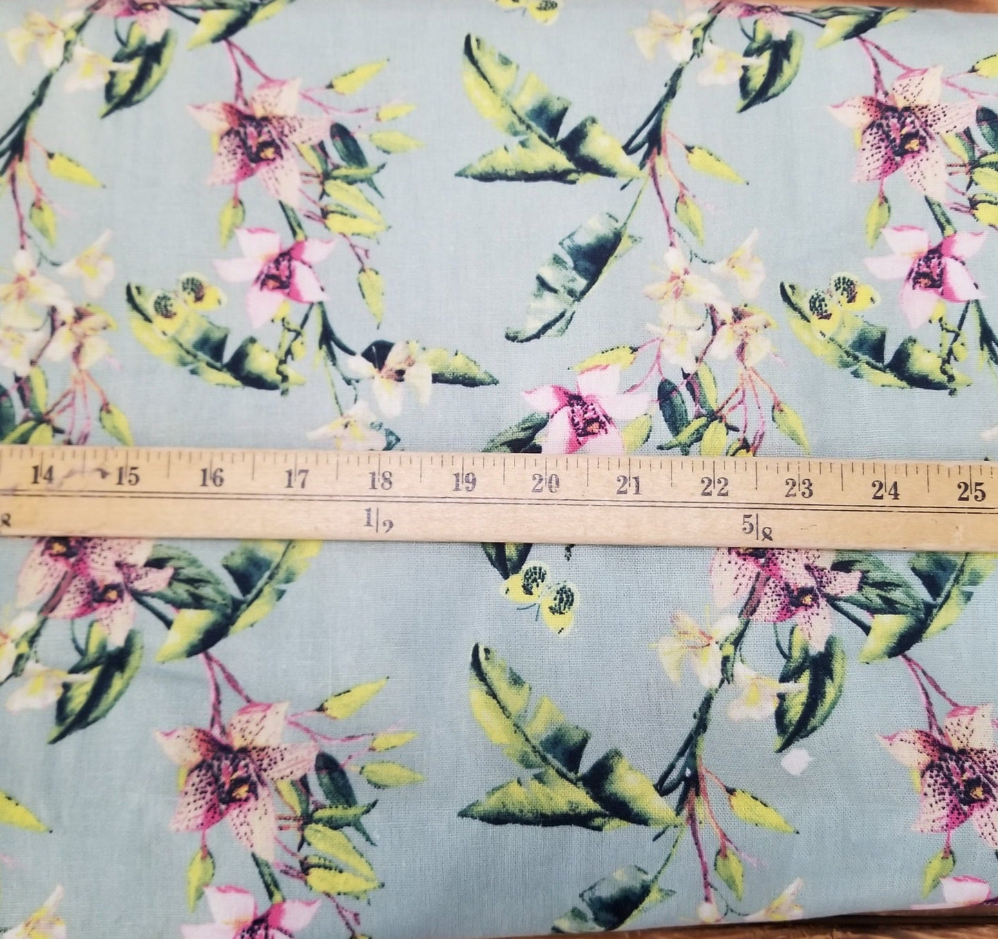 End of Bolt: 4-7/8th yards of Cotton Linen Deadstock Black Mint with Lime and Pink Florals Woven- Remnant