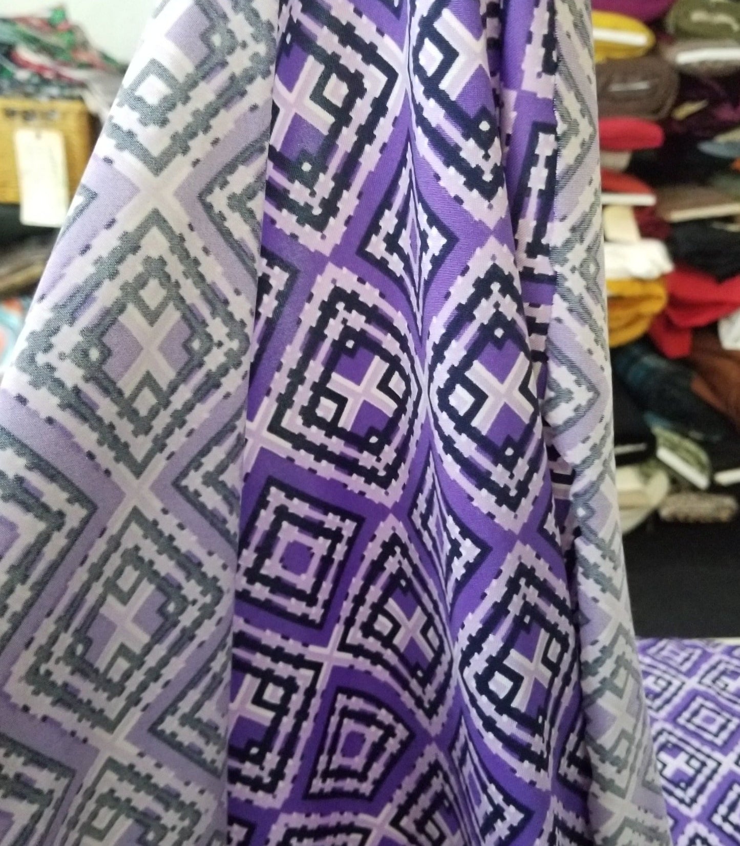 End of Bolt: 3-3/8th yards of Fashion ITY Abstract Purple Tulum Stretchy Knit-remnant