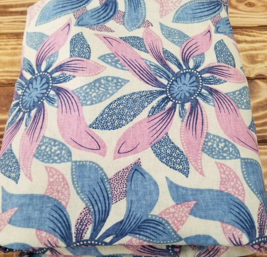 End of Bolt: 4-7/8th yards of Cotton Linen Blend Deadstock Pink, blue and Beige Boho Florals Woven- Remnant