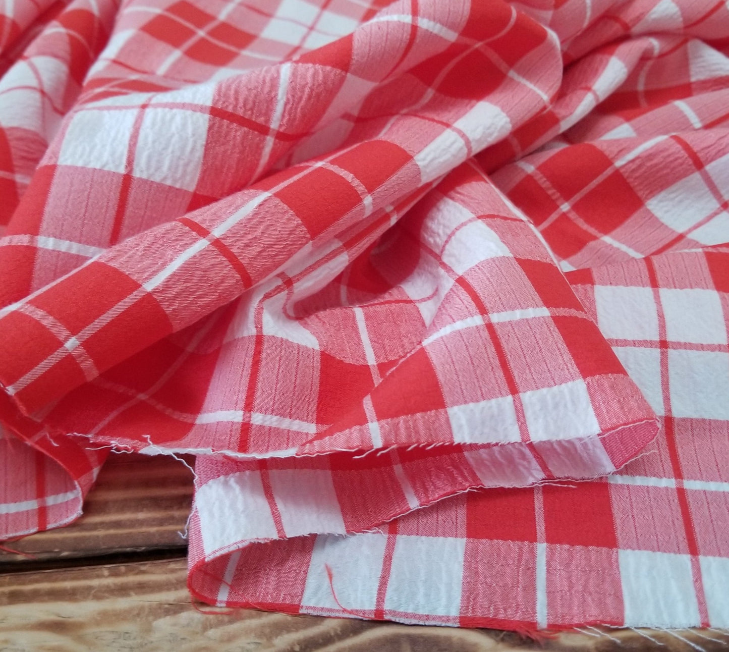 Designer Deadstock  Apple Red Picnic Gingham White Textured Seersucker Poly Rayon Spandex Woven- price per yard