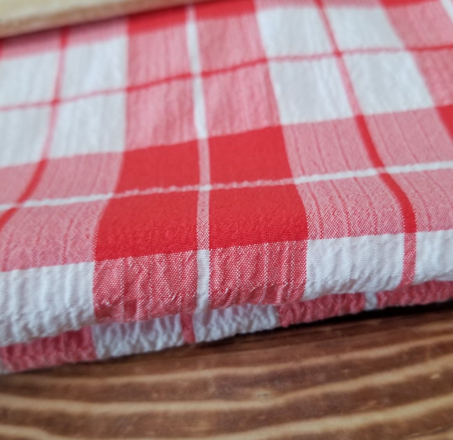 Designer Deadstock  Apple Red Picnic Gingham White Textured Seersucker Poly Rayon Spandex Woven- price per yard