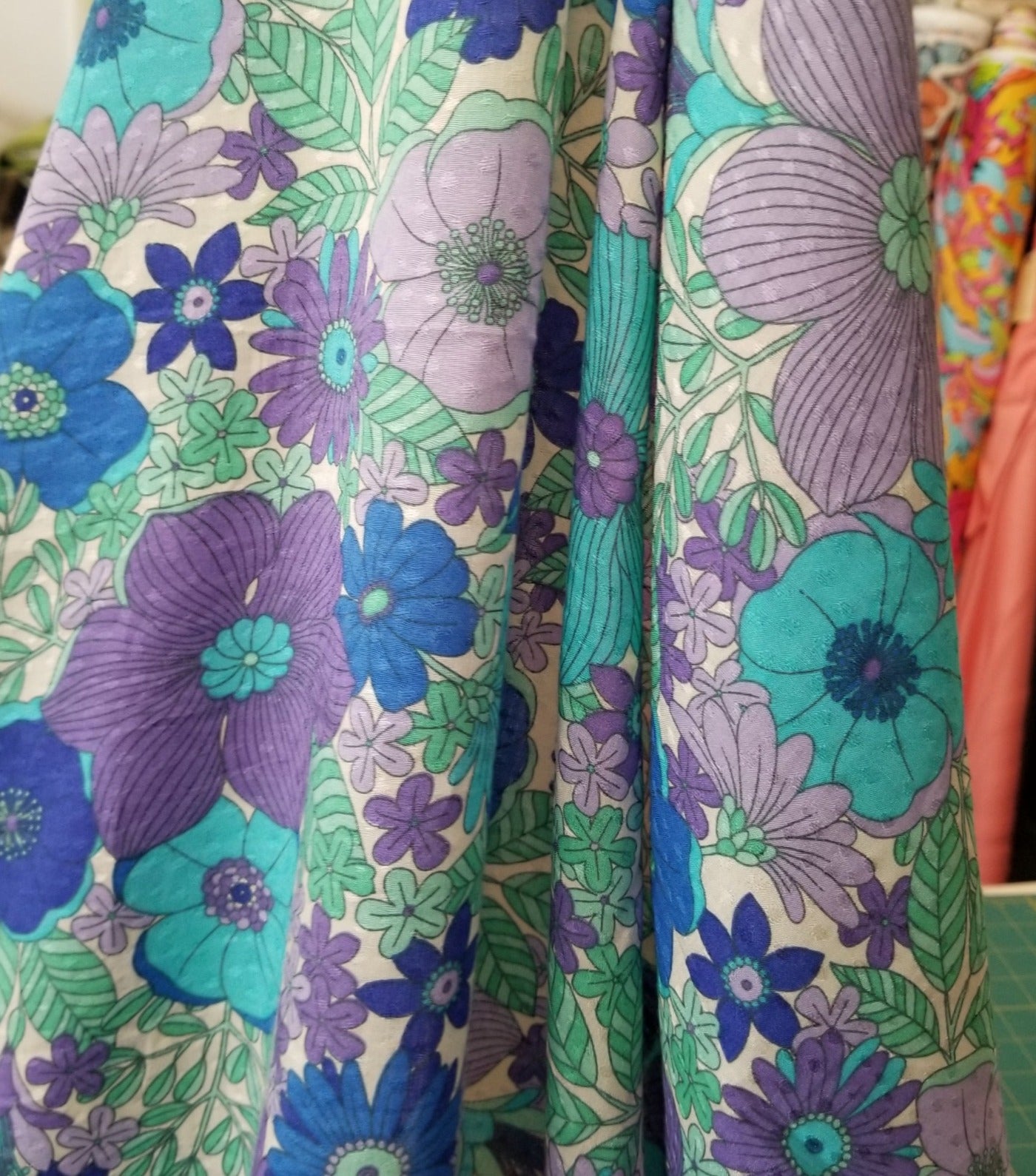Designer Deadstock  Rayon Cotton Voile Clip dot Purple and Blue Retro Floral Print Woven- price per yard