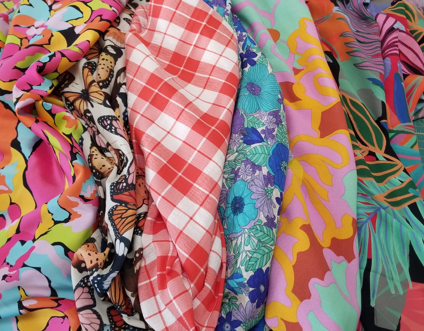 Designer Deadstock Resortwear Rayon Crepe Largescale Pink and Orange Floral Print Woven- price per yard