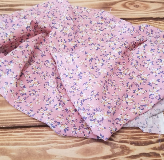 Designer Deadstock Cottage Small Floral Pink Rayon Challis Woven- price by the yard