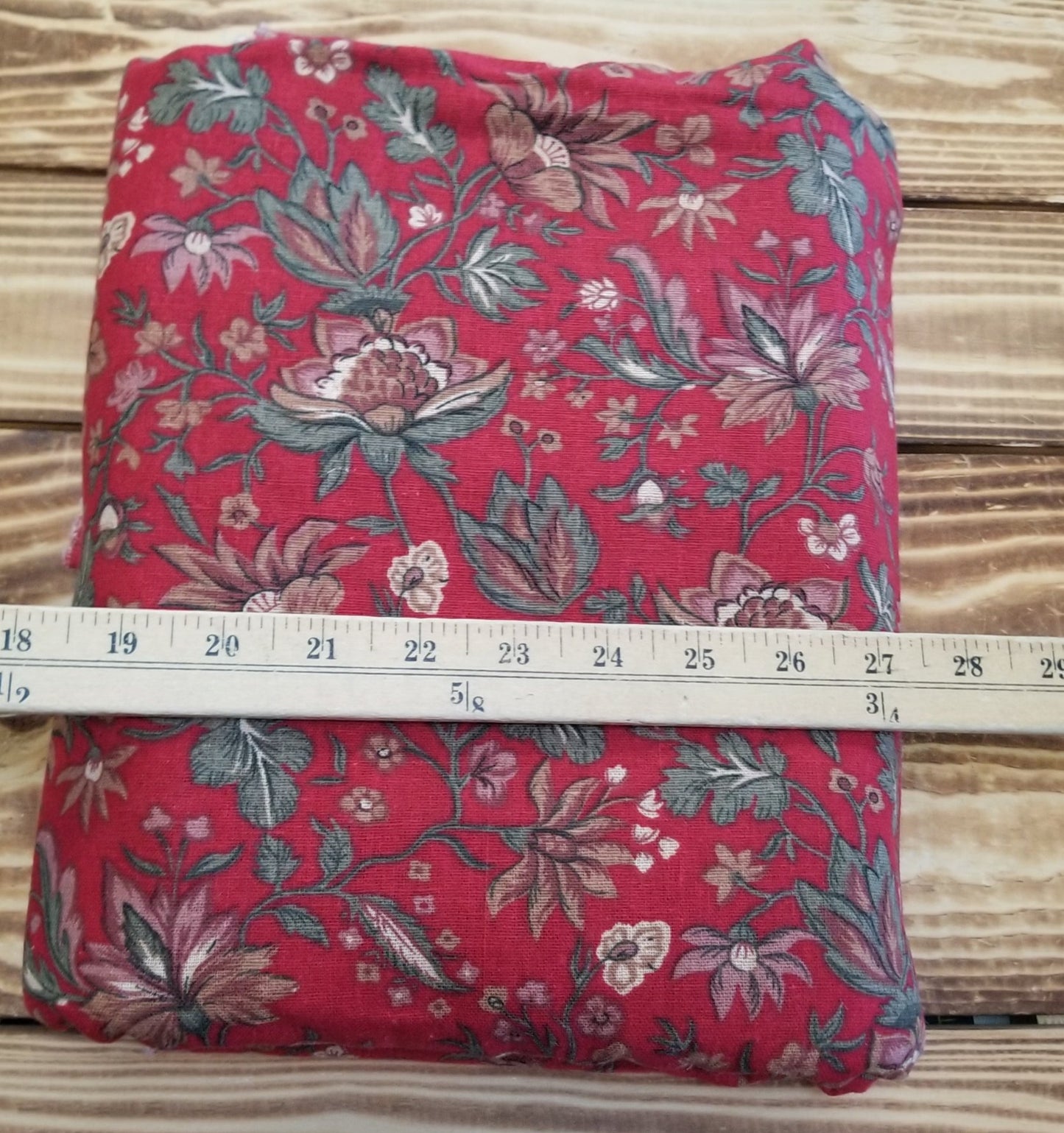 End of Bolt: 1-3/4th  yards of  Cotton Linen Deadstock Red Folklore Florals Woven- Remnant
