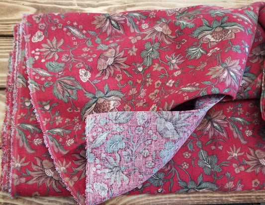 End of Bolt: 1-3/4th  yards of  Cotton Linen Deadstock Red Folklore Florals Woven- Remnant