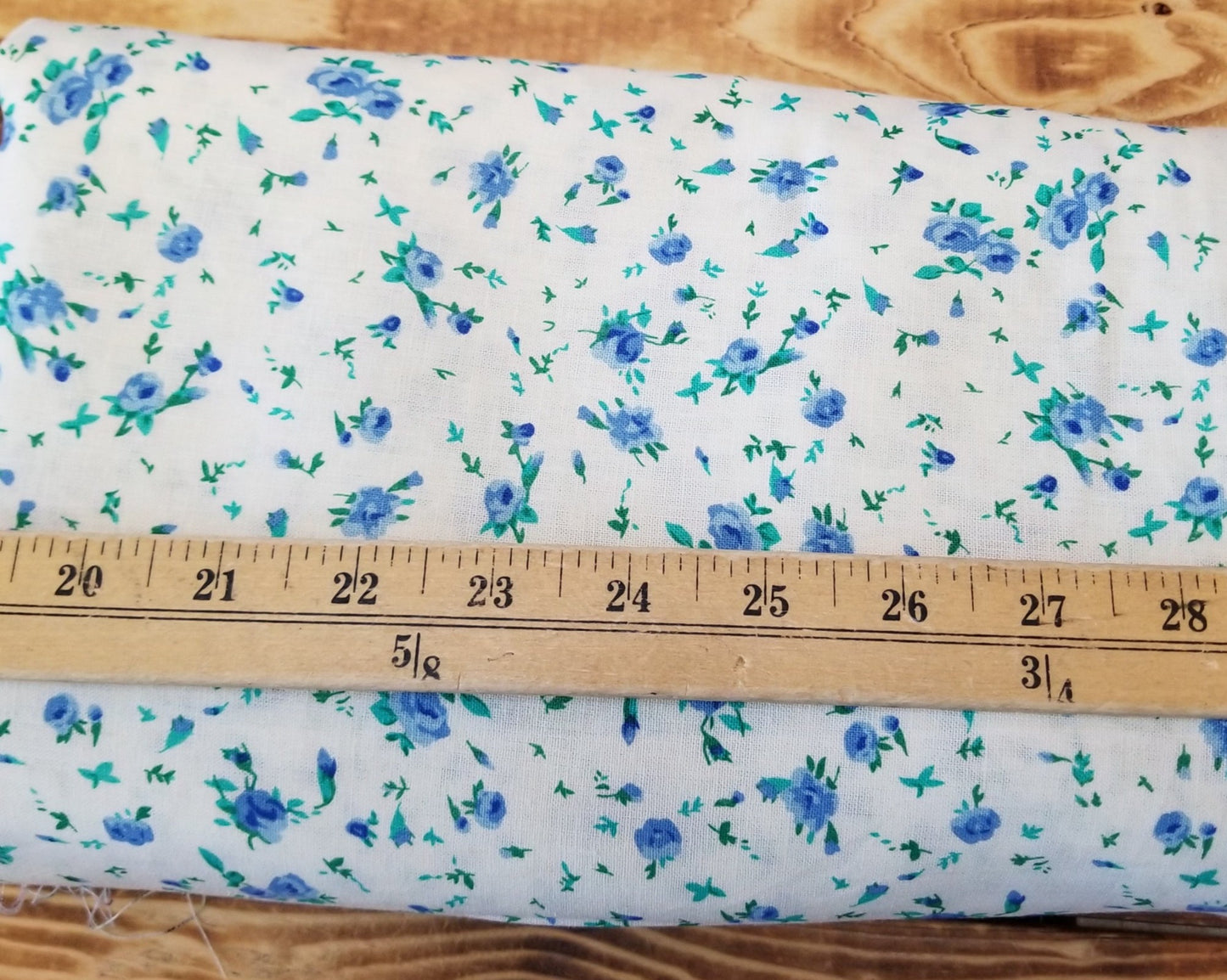 End of Bolt: 4-3/4th yards of  Cotton Linen Deadstock Optic White Cottage Core Blue Floral  Woven- Remnant