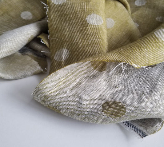 FABRIC SWATCH of Designer Deadstock Linen Reversible Dots Mustard Yellow and Ivory Jacquard Woven