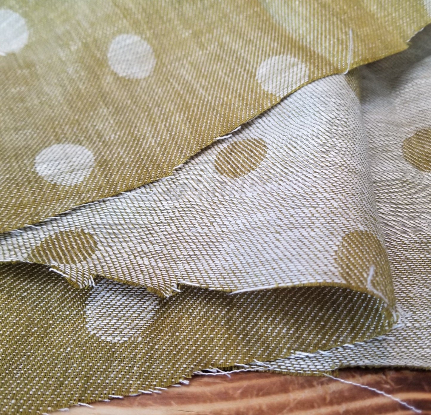 FABRIC SWATCH of Designer Deadstock Linen Reversible Dots Mustard Yellow and Ivory Jacquard Woven