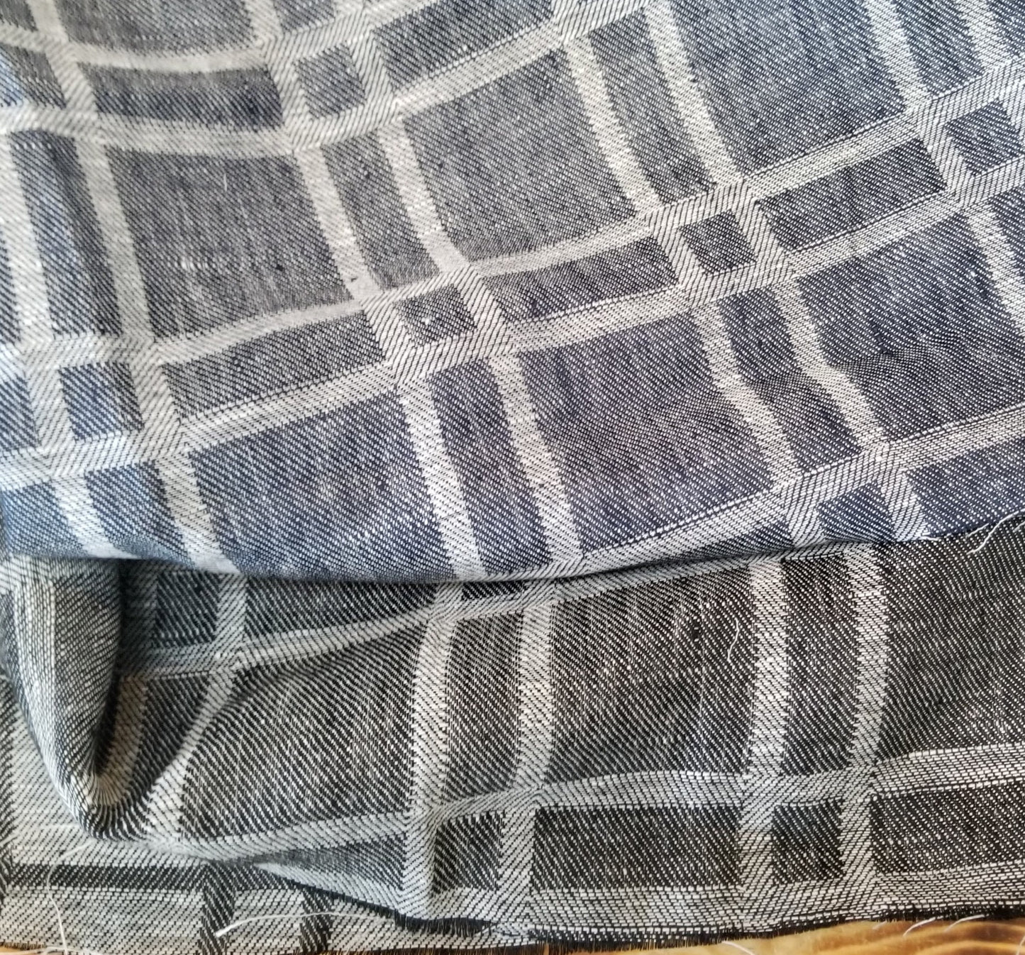 Designer Deadstock Windowpane Plaid Black and Gray Linen Jacquard Reversible Woven-by the yard