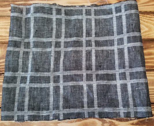 FABRIC SWATCH of Designer Deadstock Windowpane Plaid Black and Gray Linen Jacquard Reversible Woven