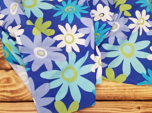Designer Deadstock Retro Flower Power Blue Cotton Spandex Poplin Woven- by the yard