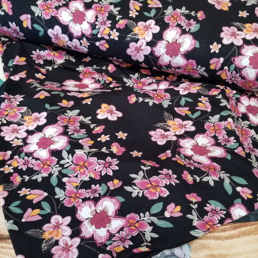 End of Bolt: 2.5 yards of Rayon Spandex Black Floral Knit- Remnant