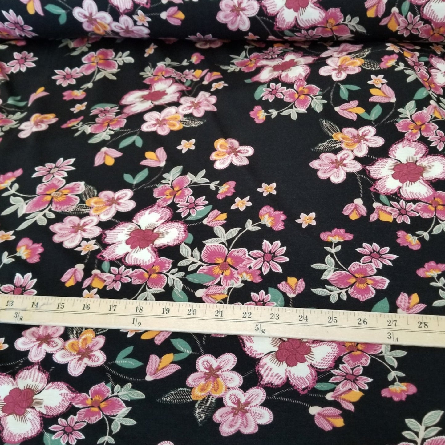 End of Bolt: 2.5 yards of Rayon Spandex Black Floral Knit- Remnant