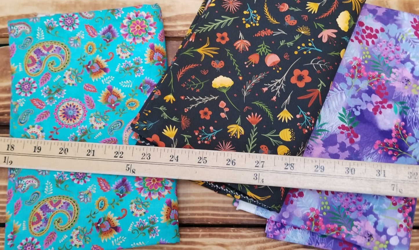 End of Bolt 3 yard case pack: 3 pieces of Quilting Cottons Florals ( 1 yard cuts)- As pictured