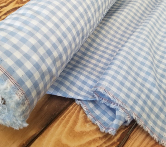 cottage core gingham picnic deadstock fabric blue woven. LA FInch Fabrics