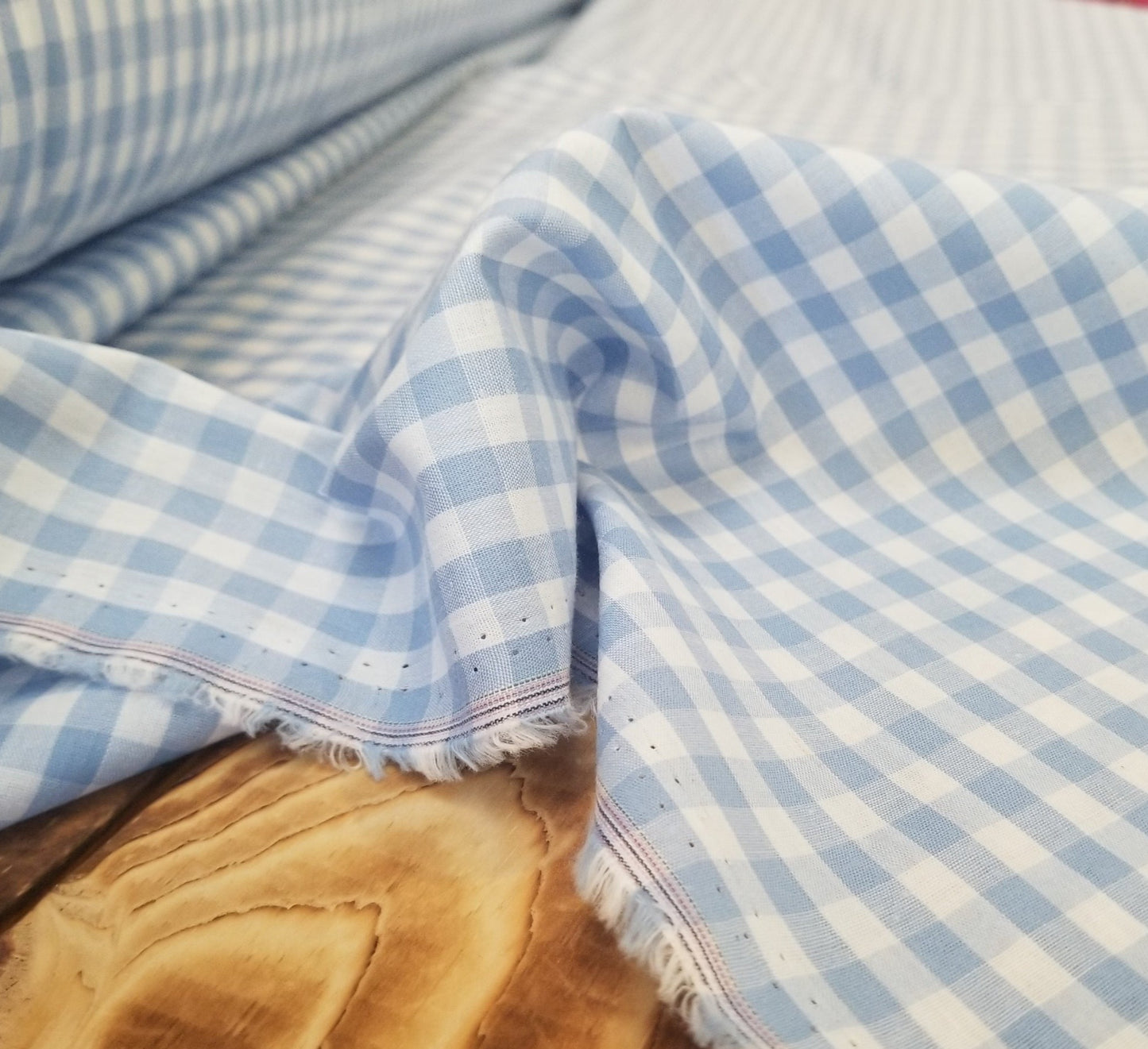 Designer Deadstock Gingham Cottage Blue Picnic Cotton Shirting Poplin Woven- by the yard