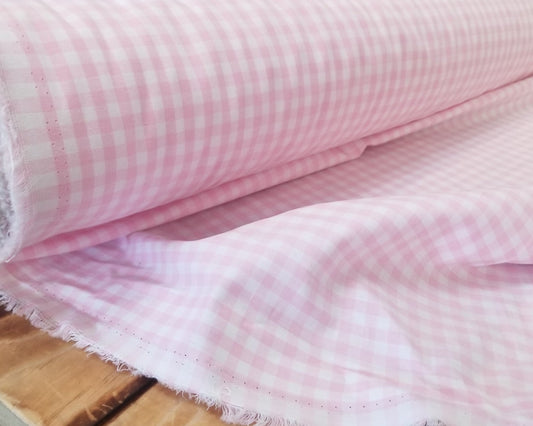Designer Deadstock Gingham Cottage Pink Picnic Cotton Shirting Poplin Woven- by the yard