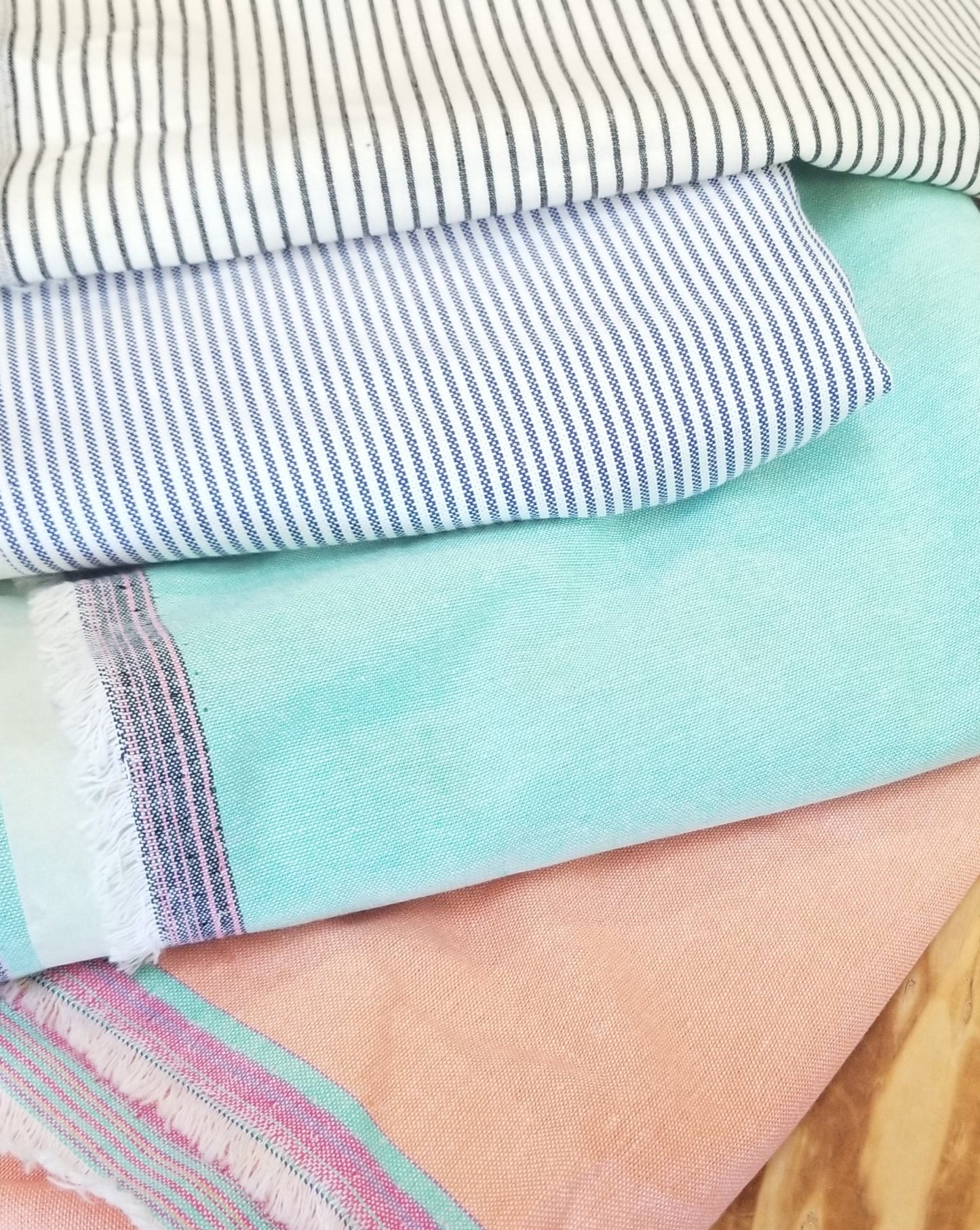 Designer Deadstock Aquamarine Green Cotton Chambray Woven with Pink Selvedge -by the yard